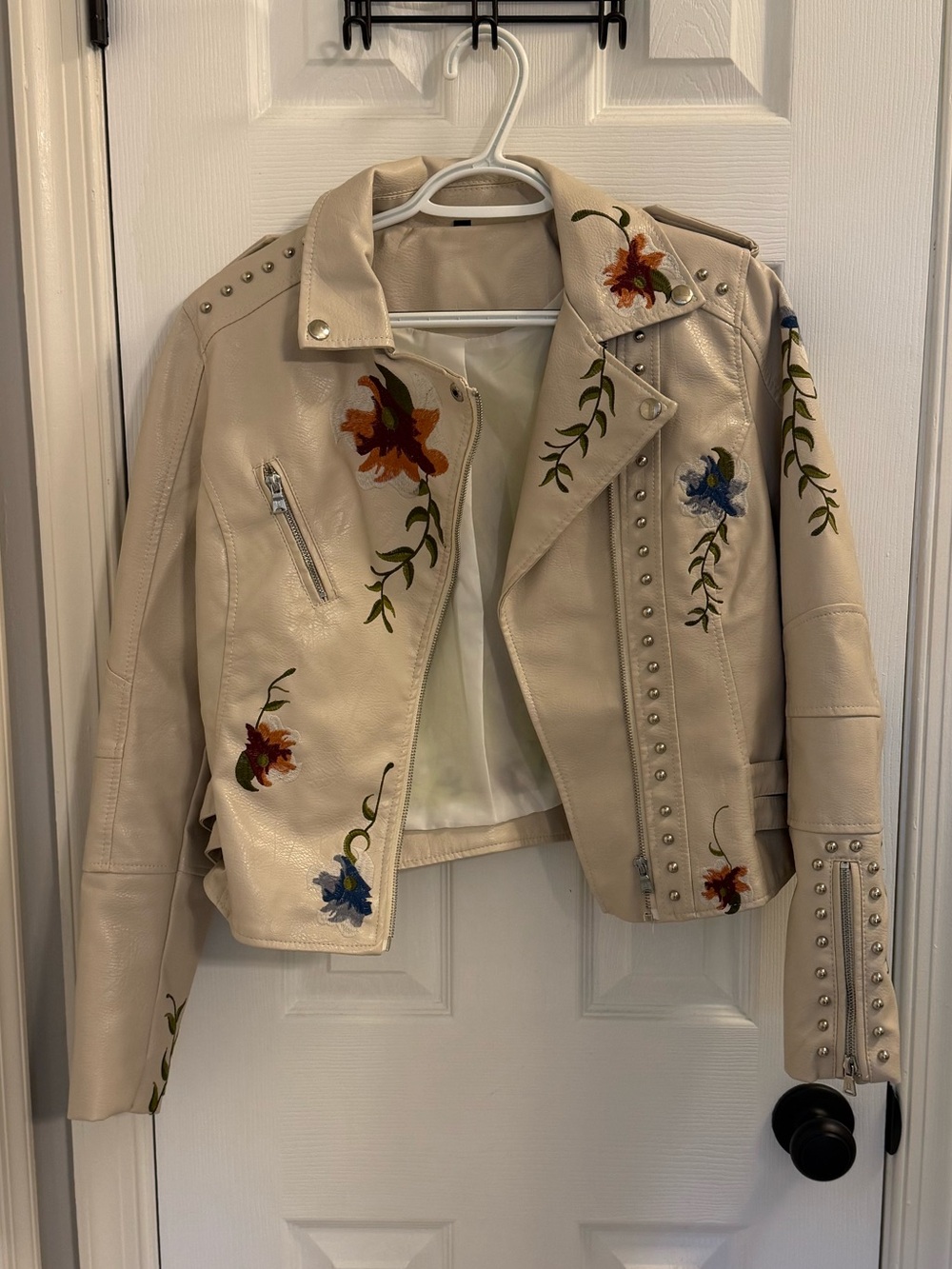 Embroidered Cream Floral Moto Jacket